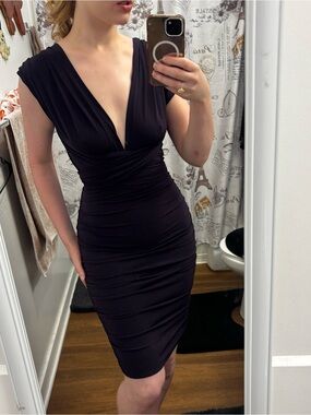 Elegant Deep V Ruched Bodycon Dress - purple